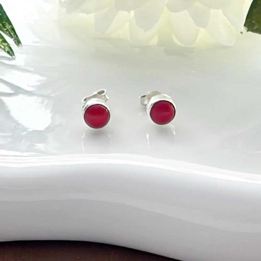 Red Coral Earrings Pure Sterling Silver 925 Gemstone Stud Post Push Back Round - Picture 5 of 8